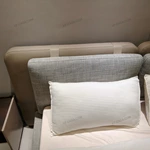 Dual-Material Upholstered Bed with Beige Leather & Grey Fabric Headboard & Low-Profile Base